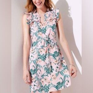 Loft Tropical Print Ruffle Flutter Sleeve Sheath Mini Dress Women Large Pink